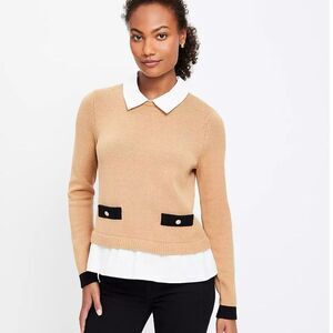 Loft Poplin Layered Mixed Media Sweater Size S neutral tan white‎